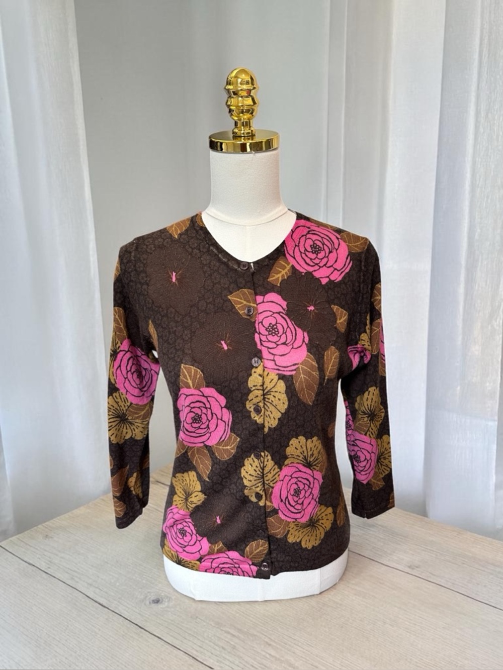 Garnet Hill Women’s Brown Floral Cardigan Lightweight 100% Wool Sz S Cottagecore